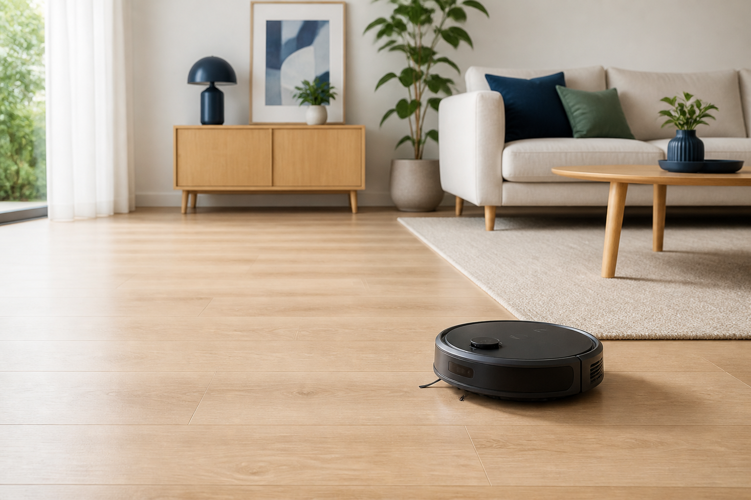 Merkneutrale robotstofzuiger in een rustige moderne woonkamer